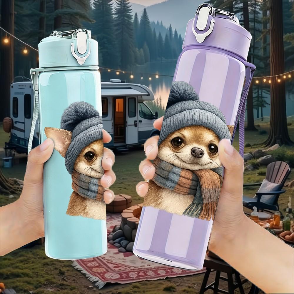 1PC Warm Hat Chihuahua Cartoon 750ml Color Plastic Sports Water Bottle Leakproof Flip Straw Lid Suitable for Sports Office Home Use