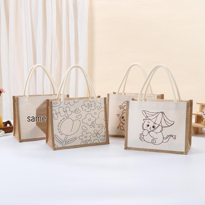 Hand-Painted Graffiti Canvas Tote Bag - Yellow Linen Logo Pattern
