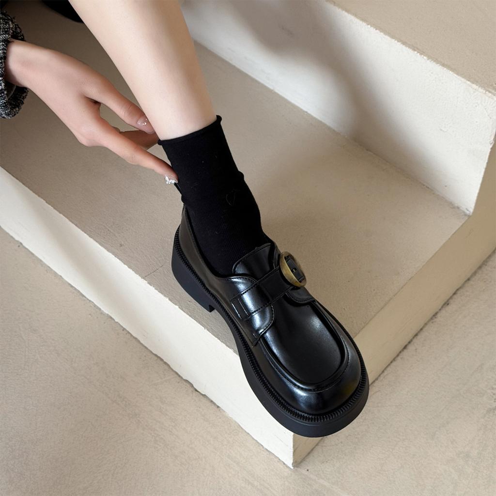 [Uncle Shoe] New platform loafers women's British style small leather shoes autumn one-pedal women's shoes black single shoes