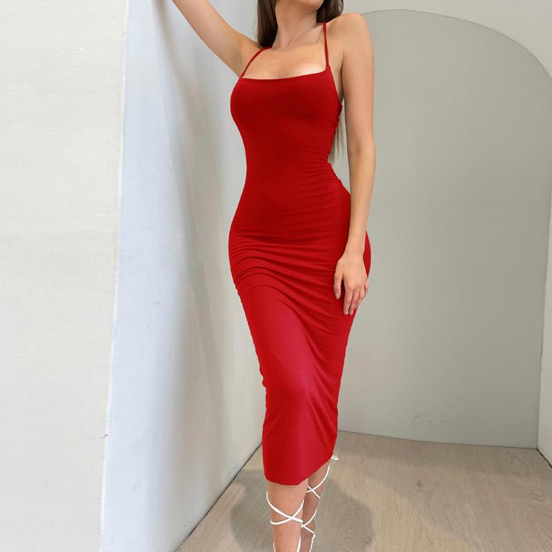 Women's 2024 Summer New Fashion and Sexy Backless Strap Slim Fit Solid Color Dress