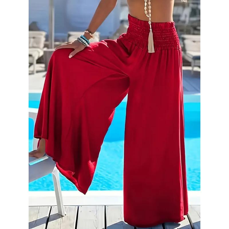 Spring Summer Solid Color High Waisted Ice Silk Trousers Casual Versatile Elastic Pocket Wide Leg Pant