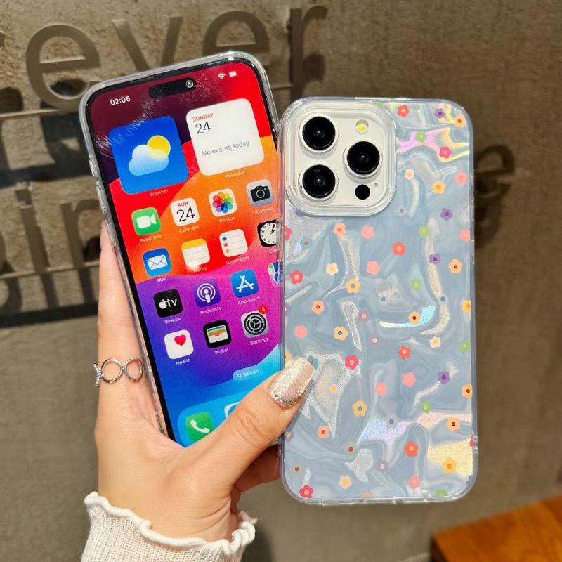 Little Flower Love Hearts Print Glitter Glossy Case For iPhone 16 15 Pro 14 Pro Max 13 12 11 Luxury Stars Pattern Shockproof Slim Clear Phone Cover