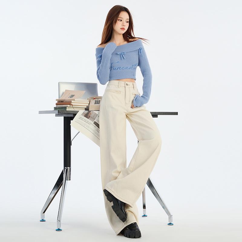 2025 Spring Women's High-Waisted Wide-Leg Jacquard Jeans - Slimming, Floor-Length