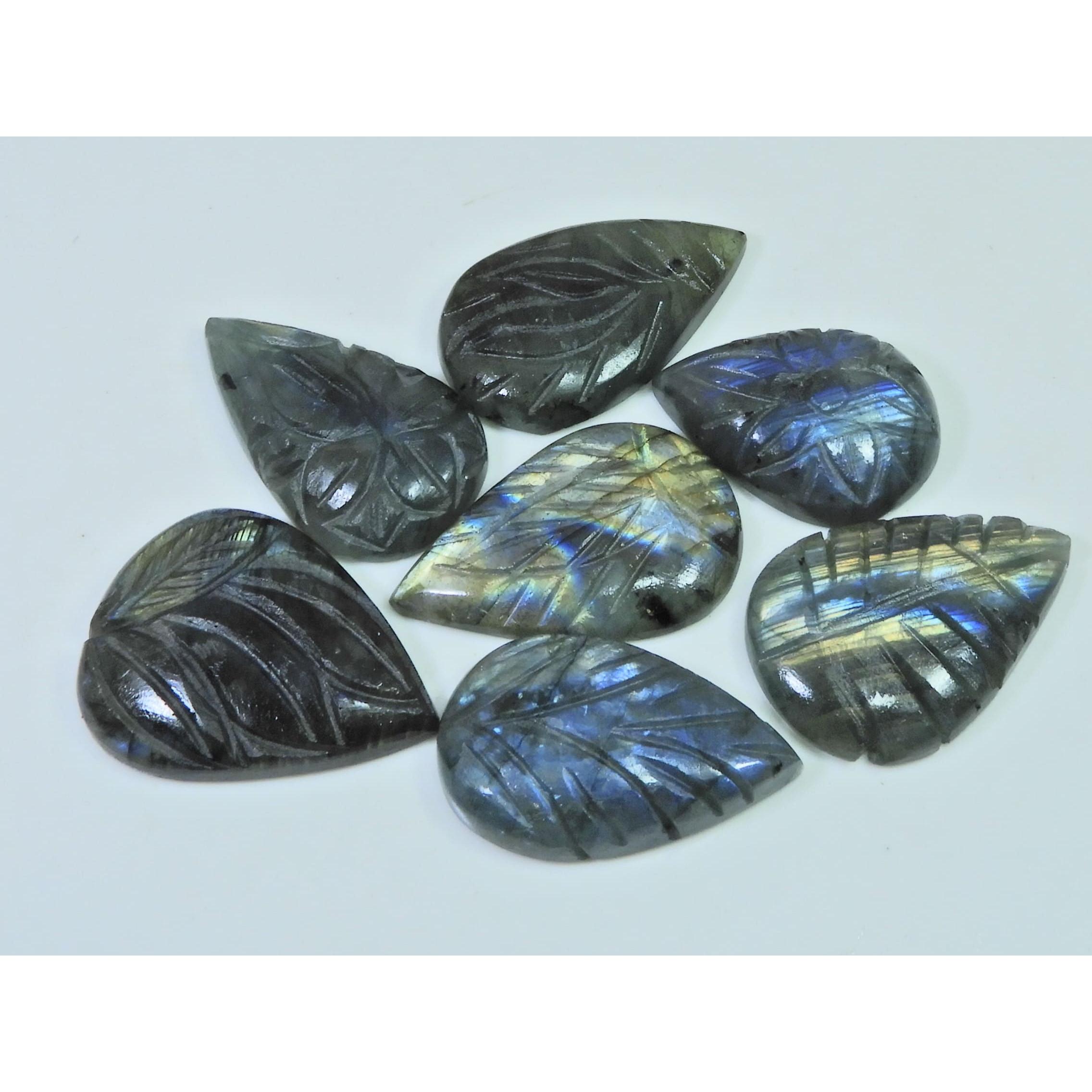

248Cts. Natural Labradorite Carving Pear Cabochon Loose Gemstone 7Pcs Lot LL-1050