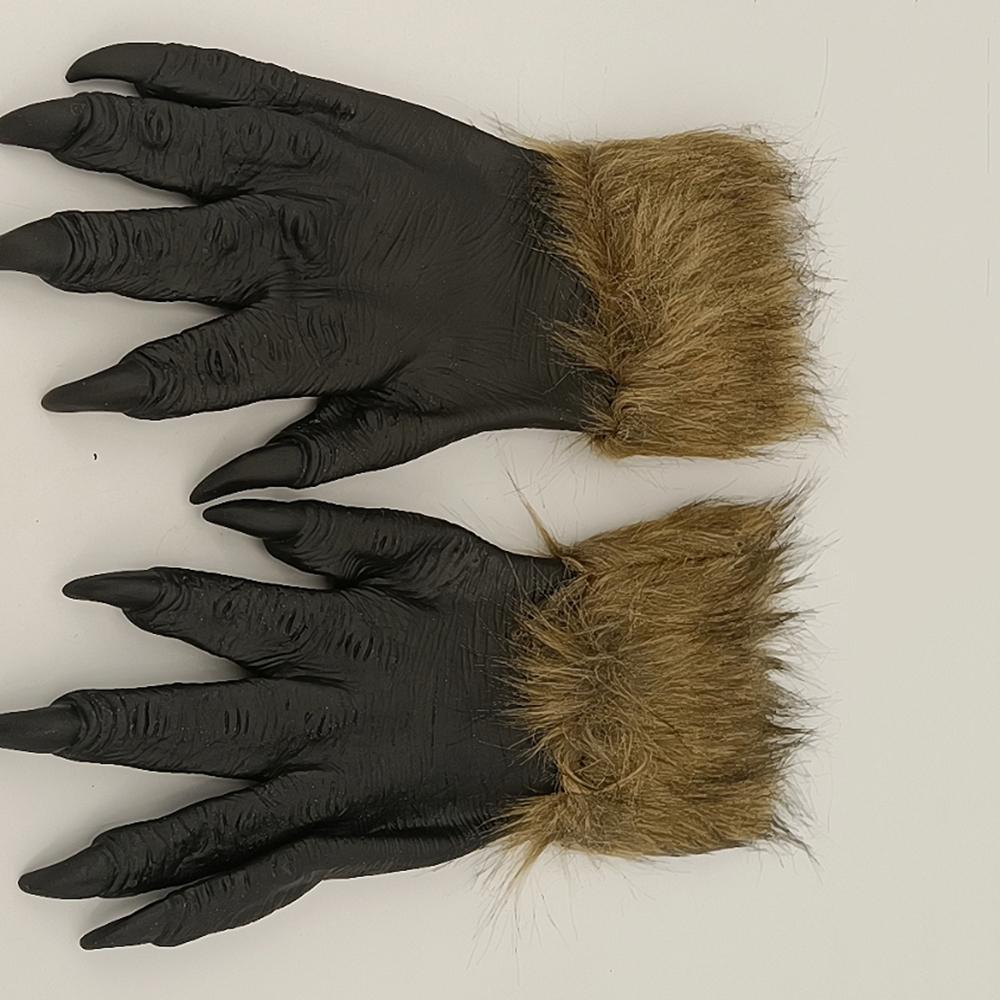 New Pair Gloves Faux Costume Prop Halloween Novelty Black+Brown Artificial Fur Mane