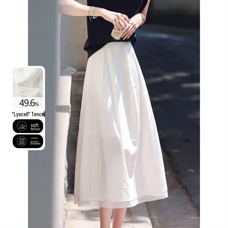 Lyocell Hepburn Style High-Waist A-Line Midi Skirt M белый