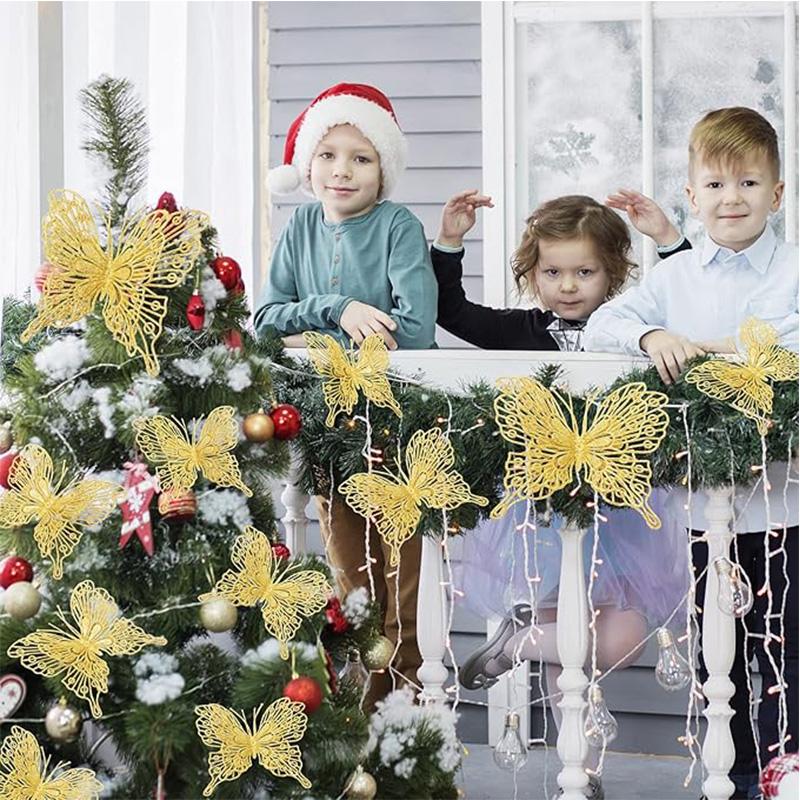 5Pcs Christmas Tree Butterfly Decor Glitter Hollow Butterfly Xmas Tree Hanging Decor Home New Year 2025 Navidad Decoration