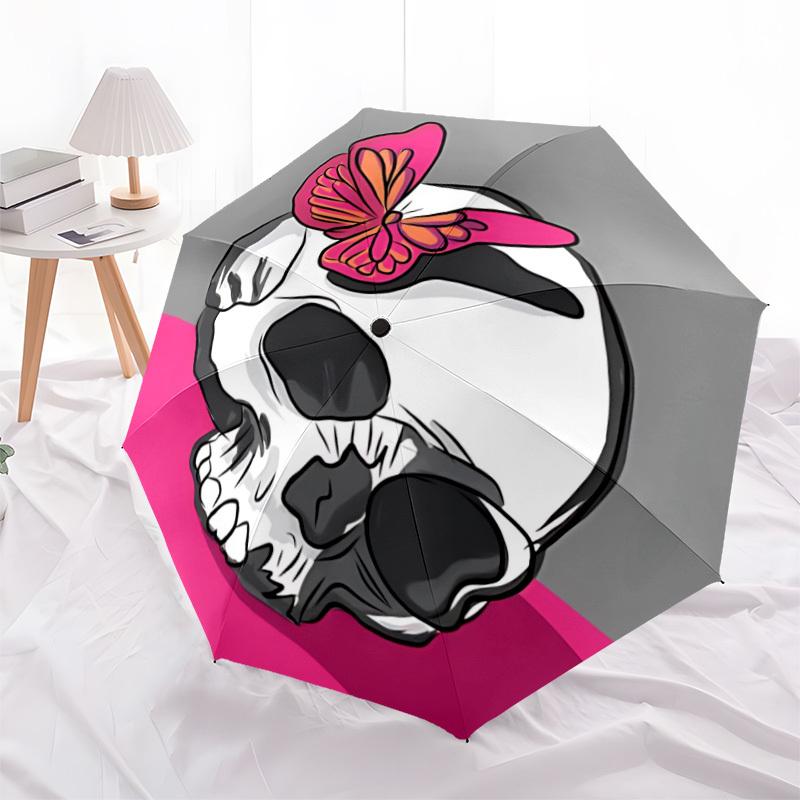1 Stück Totenkopf Schmetterling Automatischer Öffnungs-/Schließschirm - Kompakter Reiseschirm, Geschenk für Geburtstag, Feiertag yy260106072