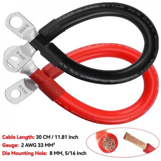 

2PCs PVC Battery Inverter Cable Set 2 AWG Positive Negative Cable 30cm 8mm New