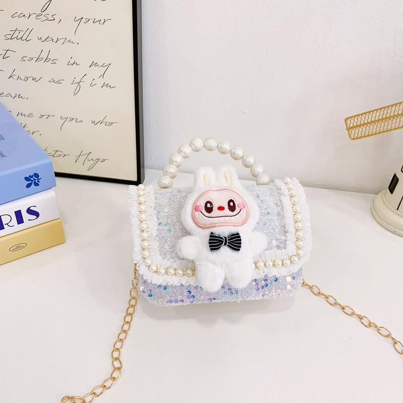 Labubu Children's Plush Lace Pearl Shoulder Bag - Crossbody Storage for Kindergarten Kids
