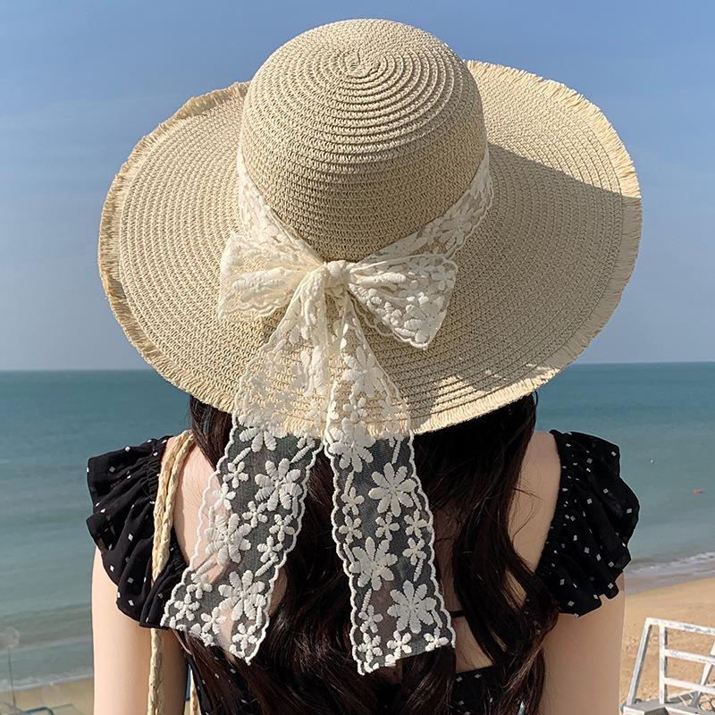 Summer Bow Sun Hat Female, Seaside Beach Vacation Sun Hat Outdoor Big Brim Sun Hat Sweet Straw Hat