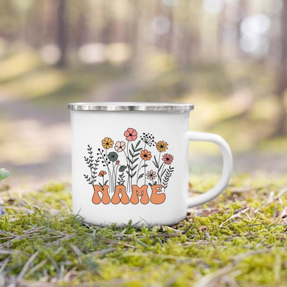 Personalised Flower with Name Coffee Cup Drinks Water Mug Custom Enamel Camping Mug Outdoor Cups Festive Birthday Gift for Her