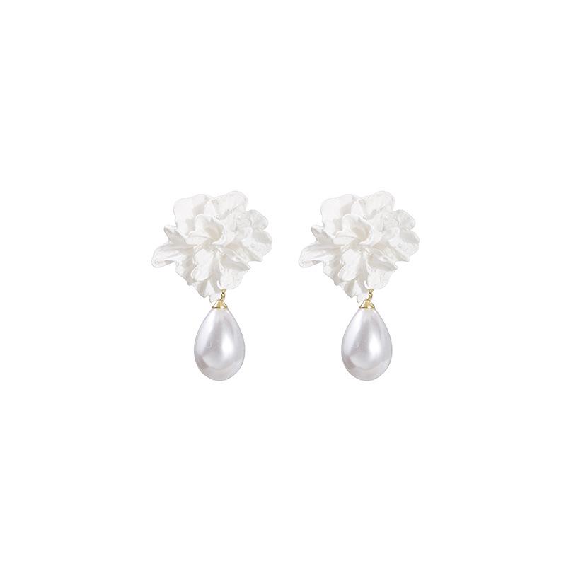 Baroque White Flower Stud Earrings with Micro-Paved Diamonds, Tassel Pearls & Water Drop Design