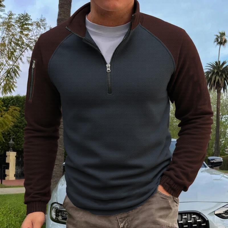 New Fleece Men's Polar Fleece Warm Autumn and Winter Color-blocked Velvet Pullover Stand-up Collar Top