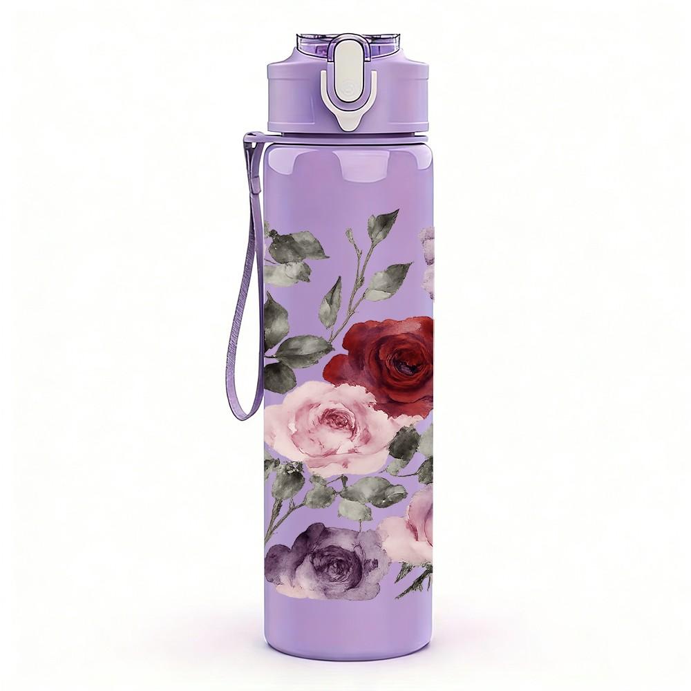 1PC Dusty Rose Mixed Flower Print 750ml Color Plastic Sports Water Bottle Leakproof Flip Straw Lid Suitable for Sports Office Home Use