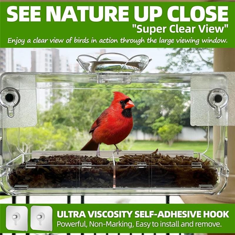 T02C!Window Bird Feeder With Non-Marking Self-Adhesive Hooks, Clear Window Bird Feeder For Outside, Transparent Bird House Durab