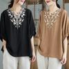 JoccKorr Short Cotton Linen Embroidered Floral Loose Cute for Everyday Women's T-Shirt, Pullover, V-Neck Blouse, Sleeve, Shirt, Print, Fit, Casual,