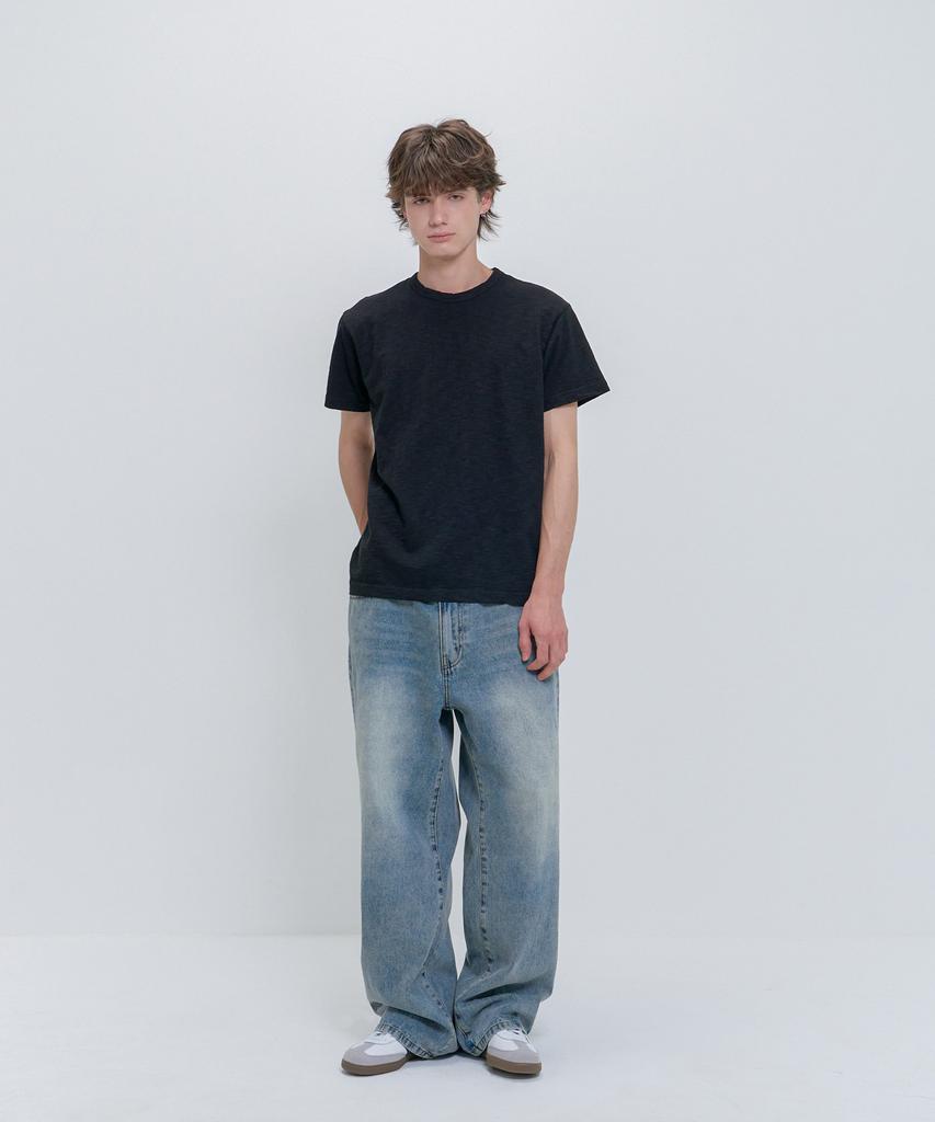 PSSHOPPER Semi-Crop Slub Vintage Short Sleeve T-Shirt [Black]