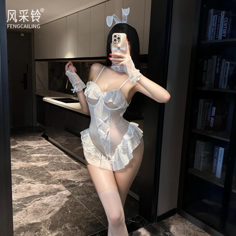 Free Sex Lingerie Sexy Bunny Cute Uniform Couple Female Lotus Leaf Open Crotch Onesie