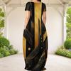 Women Plus Size Round Neck Short Sleeve Abstract Printed Black Teal Gold Maxi Dress With Side Pockets