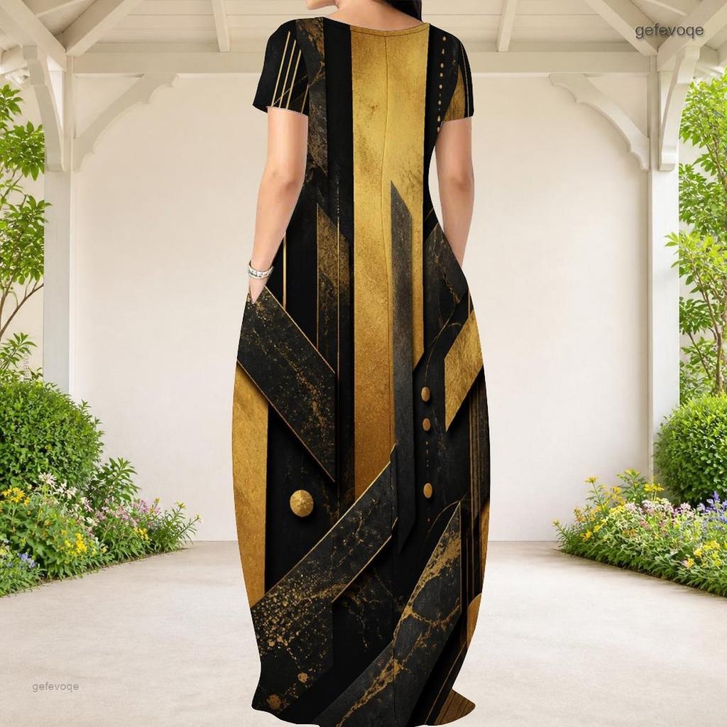Women Plus Size Round Neck Short Sleeve Abstract Printed Black Teal Gold Maxi Dress With Side Pockets