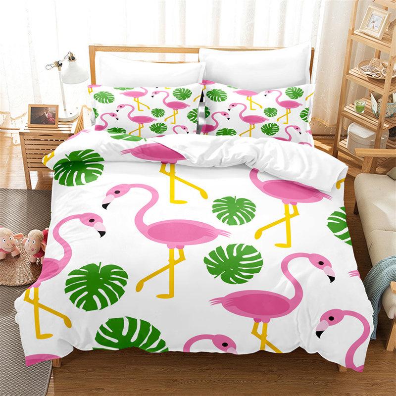 Flamingo Duvet Cover Palm Leaves Comforter Cover for Girls Boys Teens Cute Animal Tropical Botanical Bedding Set Twin King Size