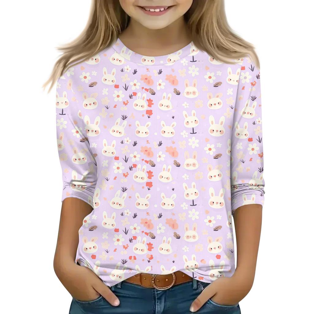 Print Tops For Youth Girls Round Neck 3/4 Sleeves T-Shirts Trendy Tops Outfit Tees