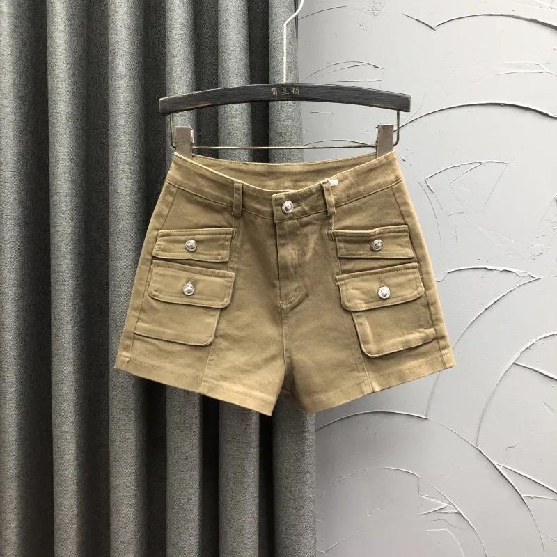 Women s White High Waist Cargo Shorts Multi-Pocket Button Fly Denim Shorts S хаки