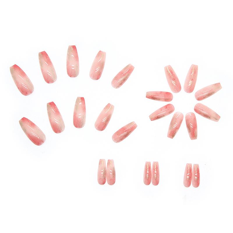 24pcs/set Pink Gradient False Nails Gold Foil Sequins Wear Nail Art Long Ballet Wear False Nails