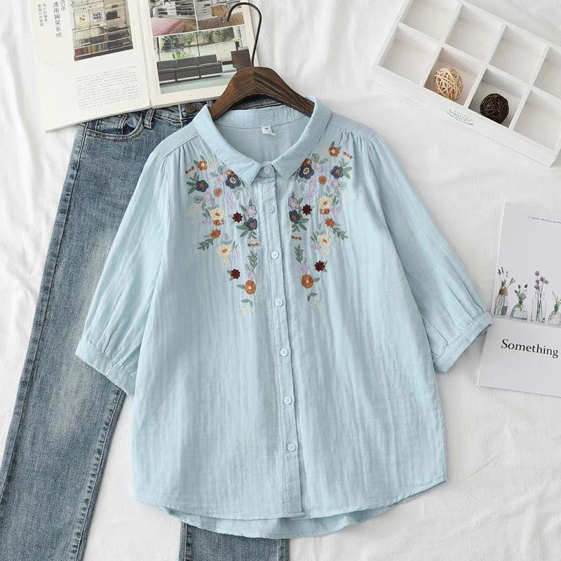 

Artsy Fresh Exquisite Embroidered Flowers Double-Layer Cotton Yarn Shoulder White Shirt for Women Half-Length Sleeve Underwear Blouse Plus Size Tide Light blue L 64.00 kg-74.00 kg