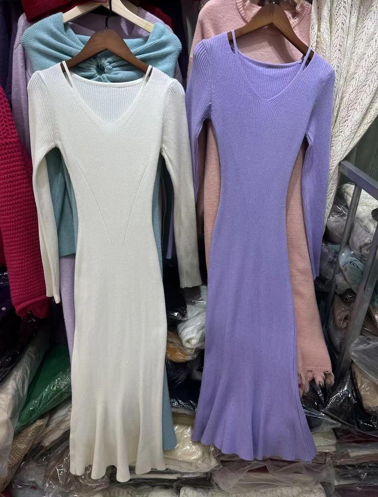 Autumn Sling Slim-fit V-neck Bodycon Knitted Dress