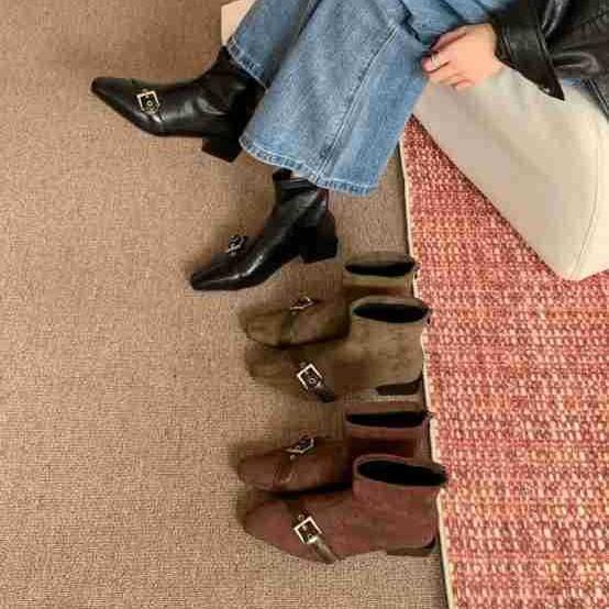 Autumn new belt buckle short thin boots women's small square head thick heel fashion boots