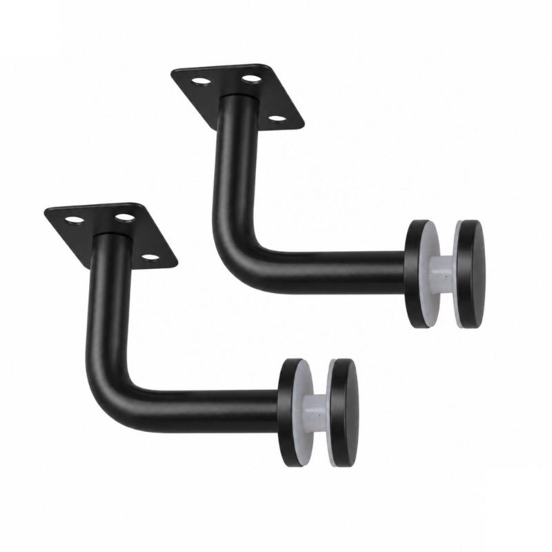 2-Piece Glass Support Hardware Set for Stair Rail, Featuring a Black Finish and Fixed-Plate Form for Mounting Tasks