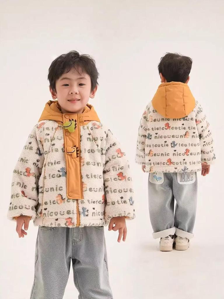 Jungen 2025 Dinosaurier Cartoon Winterjacke - Mit Fleece gefüttert, Dicke gesteppte Oberbekleidung