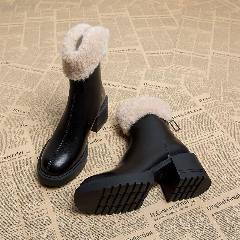 Fashion Ladies Shoes Half High Elegant with Medium Heels Women's Snow Boots Mid Calf Black Fur Comfrtable On Offer Slip Spring Autumn Pu