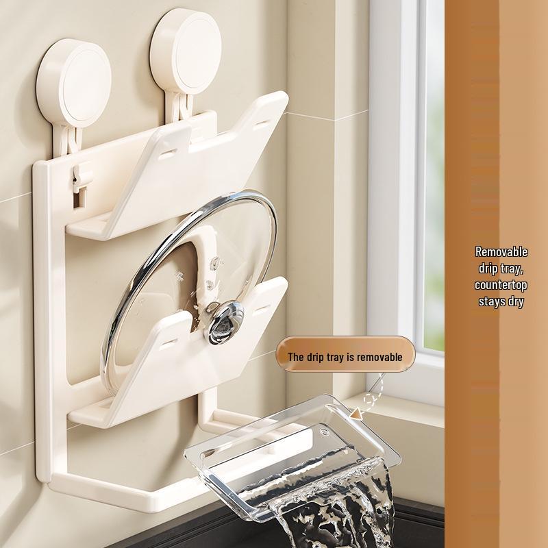 Wall-Mounted No-Drill Suction Cup Kitchen Rack for Pot Lids & Cutting Boards