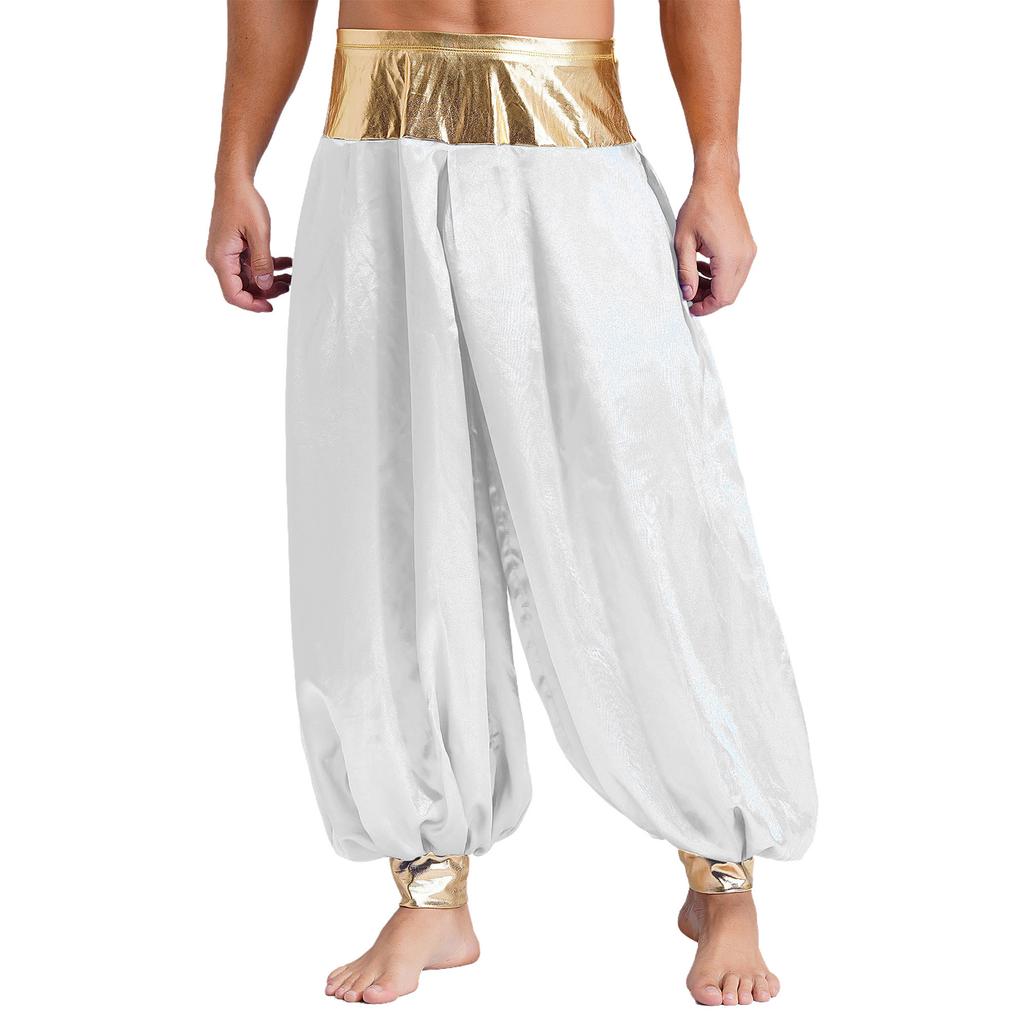 Mens Magical Hippie Harem Pants Metallic Shiny Patchwork Lantern Style Long Pants Arabian Prince Cosplay Costume