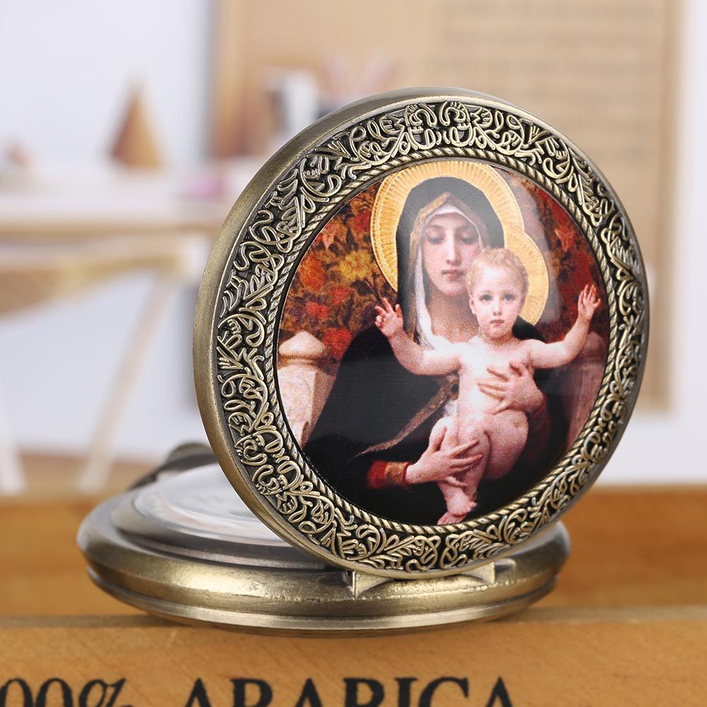 Antique Virgin Mary Jesus Theme Quartz Pocket Watch Necklace Clock Men Women Souvenir Pendant Gifts