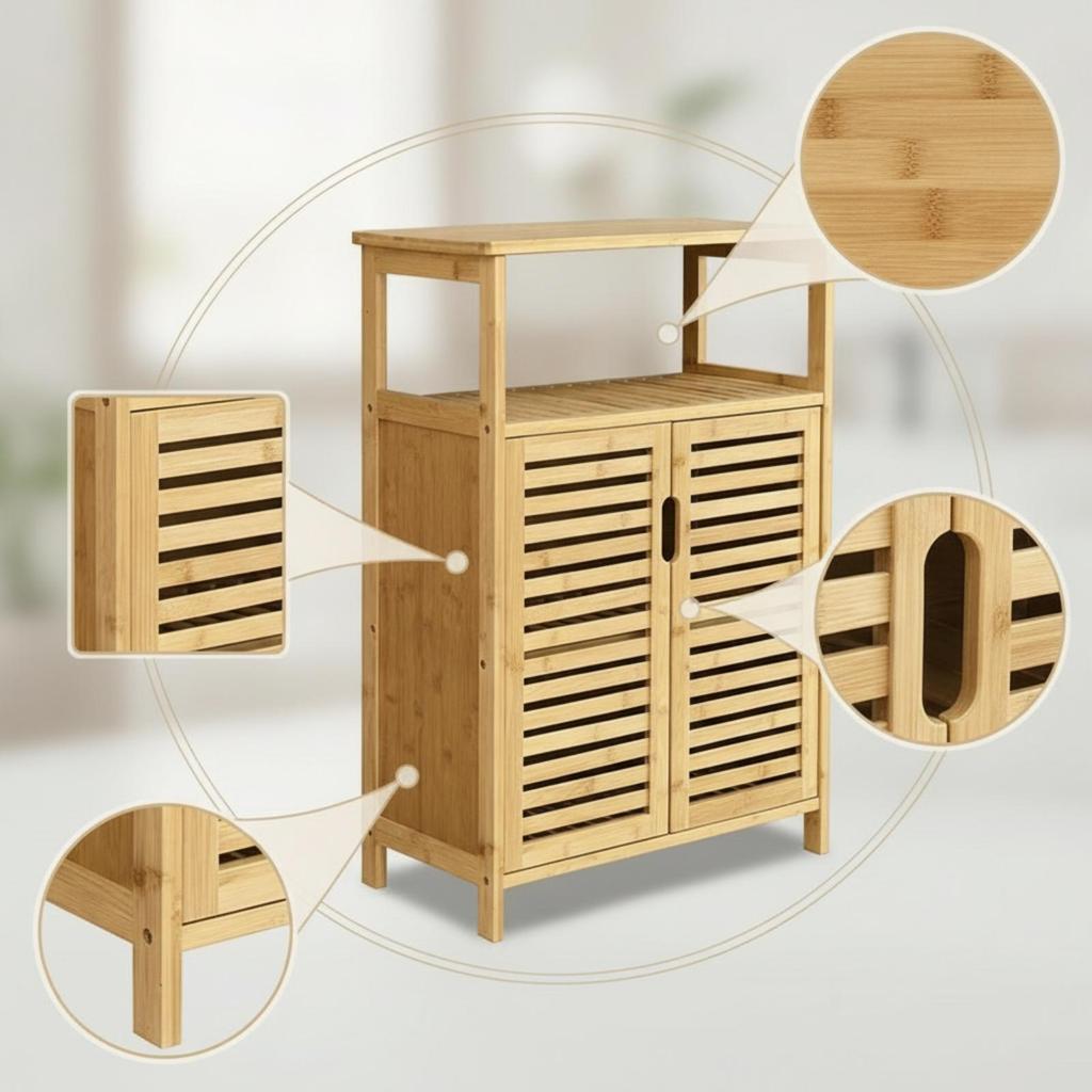 Bamboo Storage Cabinet Minimalist with Slatted Doors Easy To Maintain
