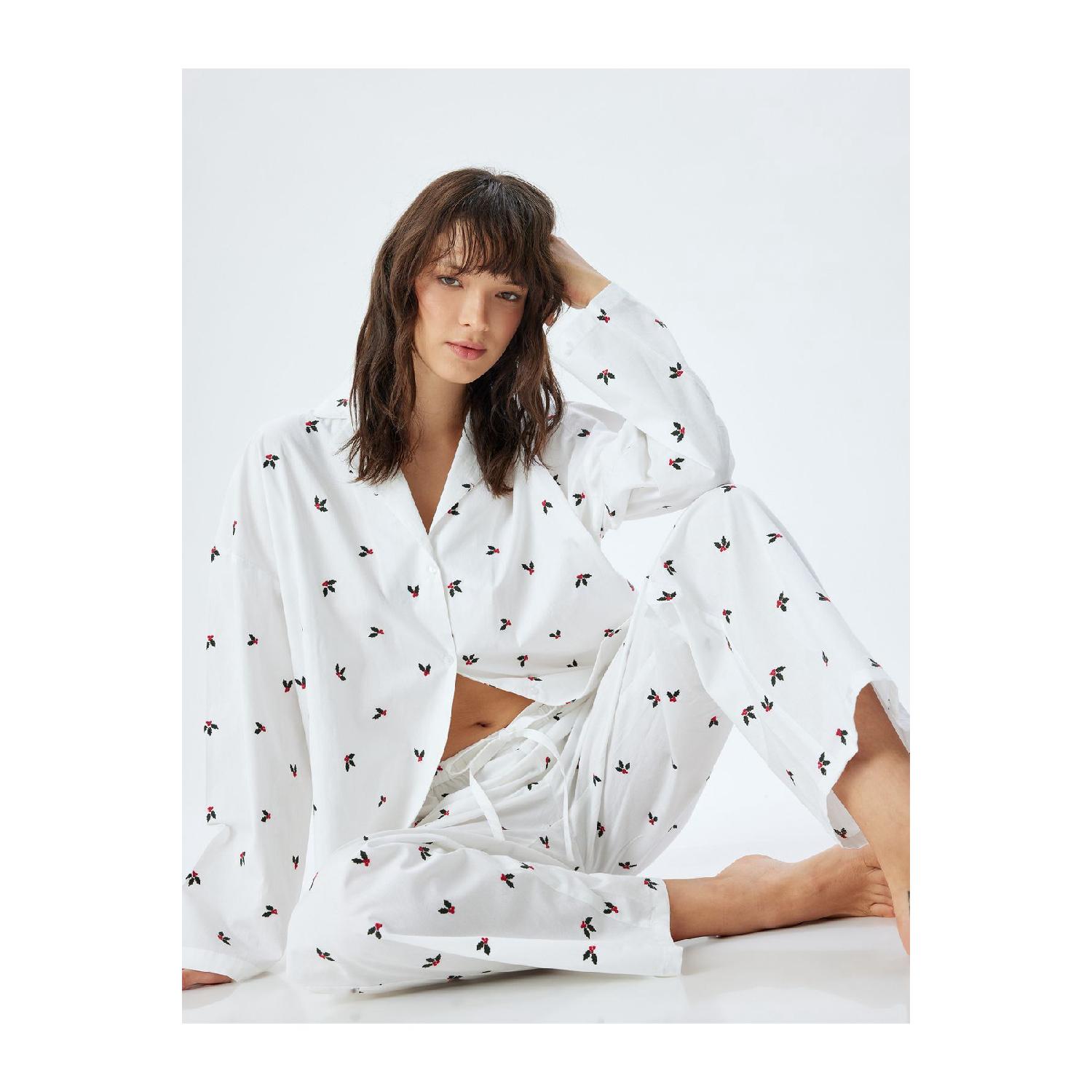 

New Year Themed Pajama Bottoms Floral Embroidered Wide Leg Cotton 34 белый
