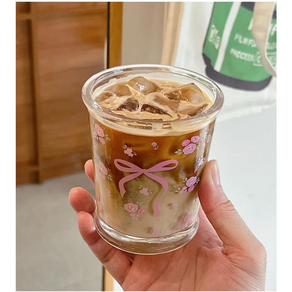 Kawaii Bowknot Glass Cups Tumbler Aesthetic Cute korean Flower Mugs For Ice Coffee Juice Beer Milk Tea Glasses Cup Bowl For Girl