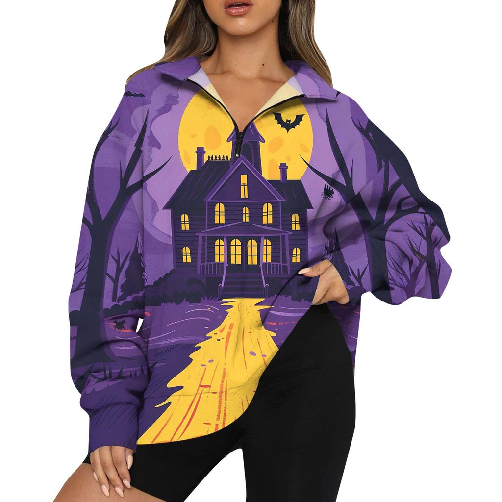 Women's Casual Fashion Long Sleeve  Print Oversize Zip Sweatshirt Top
