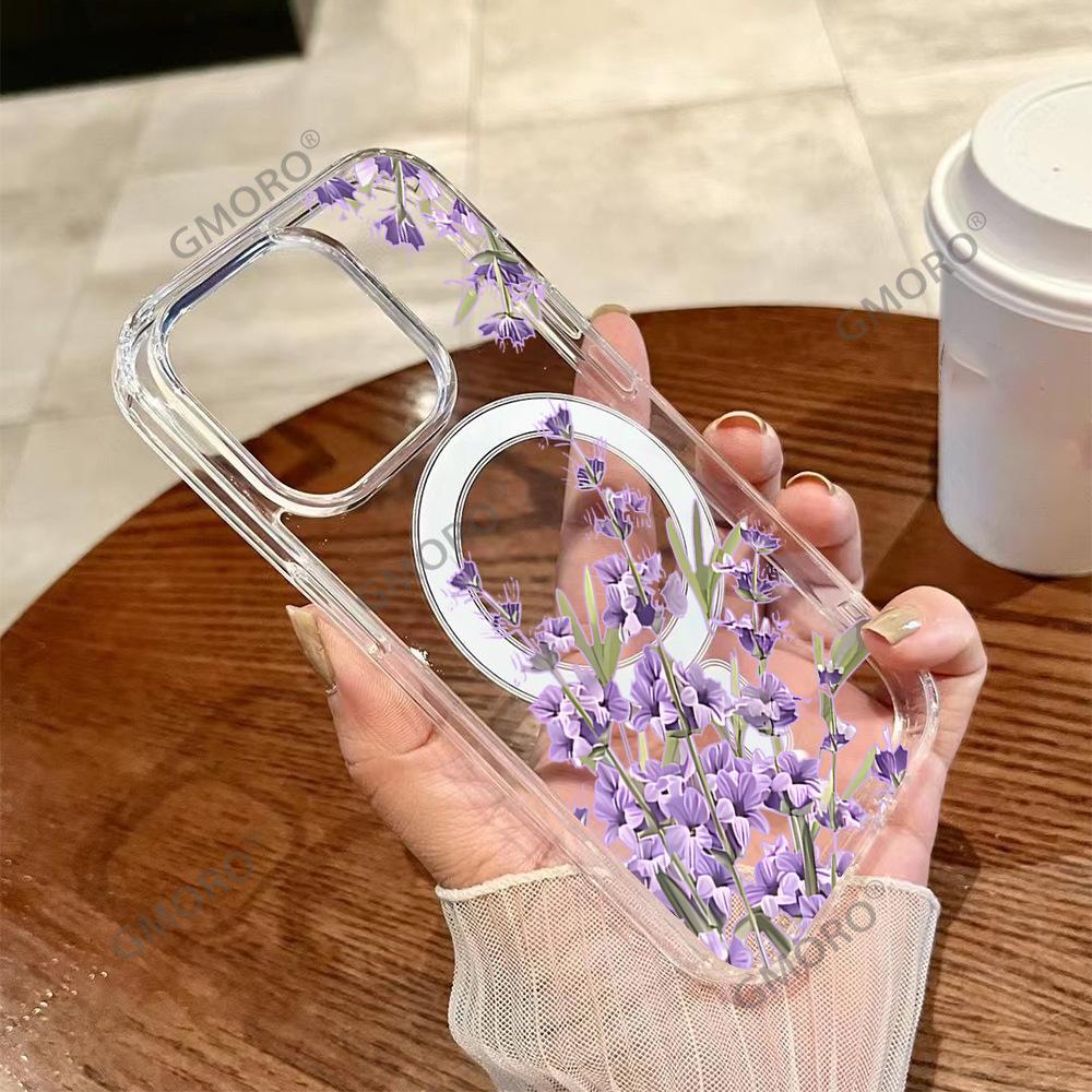 Ins Wind Fresh Lavender Mobile Phone Case iPhone12 Transparent Anti-drop MagSafe Magnetic Suction 15ProMax Women's Model
