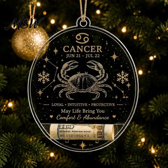 Hanging Decor for Showcase Christmas Tree Money Holder Pendant, Transparent Acrylic Round Ornament, 12 Holiday Gift Tags Zodiac Signs Theme Decorative