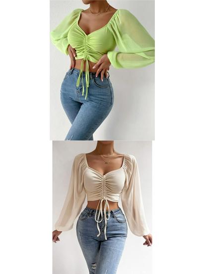 Summer V-Neck Chiffon Lantern Sleeve Drawstring Top