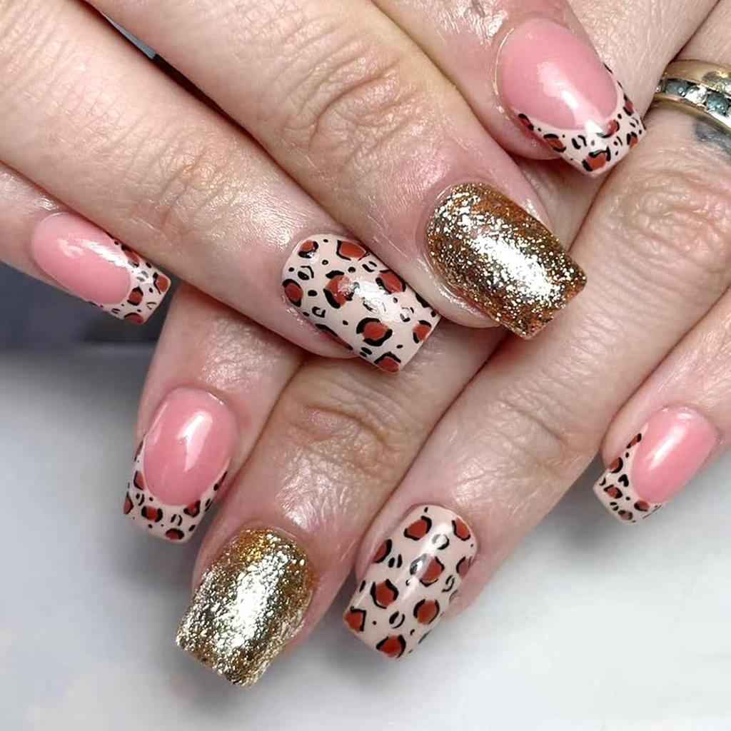Leopard Print French Tip Press on Nails Medium Square Fake Nails with Gold Glitter Designs Acrylic Glue on Nail Pink Glossy False Nails Full Cover