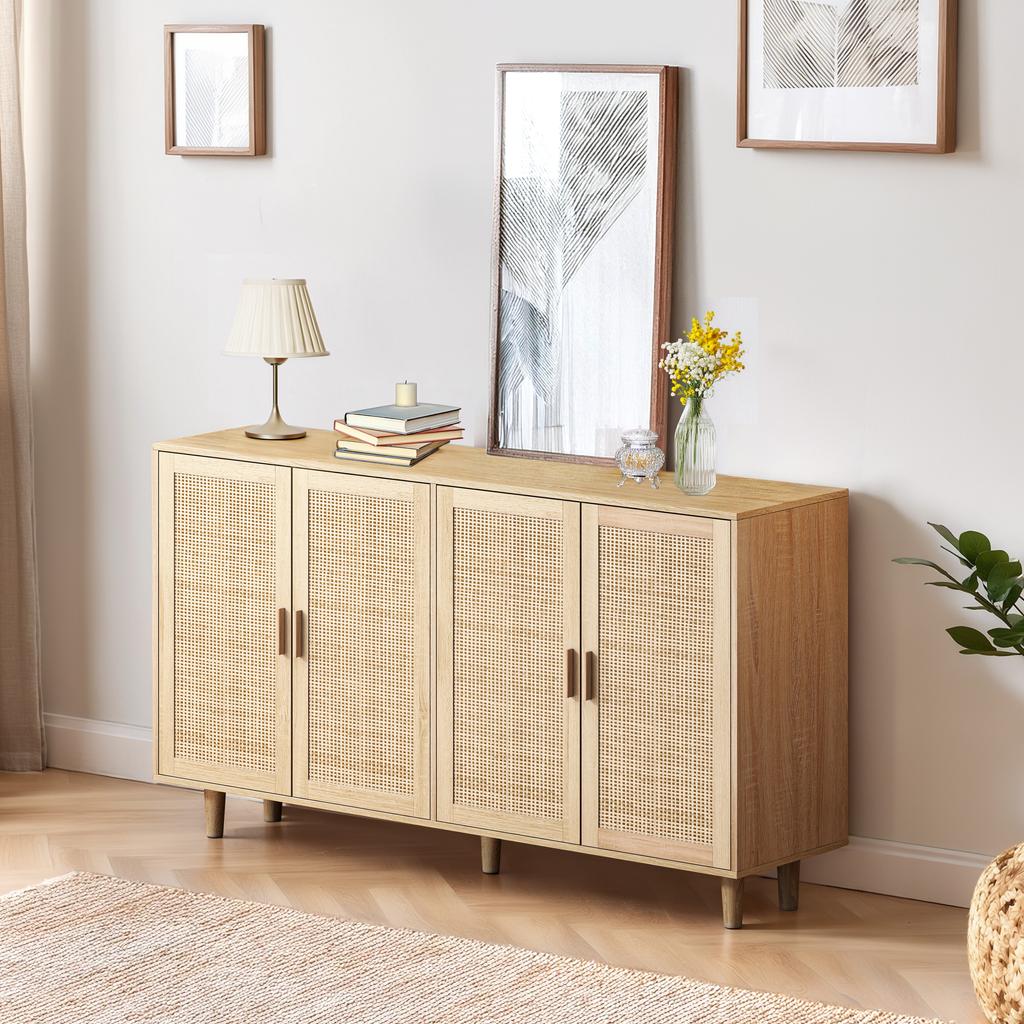 158CM Elegant and Functional 4-Door Rattan Decorative Storage Cabinet,for Bedroom,Living Room,Office