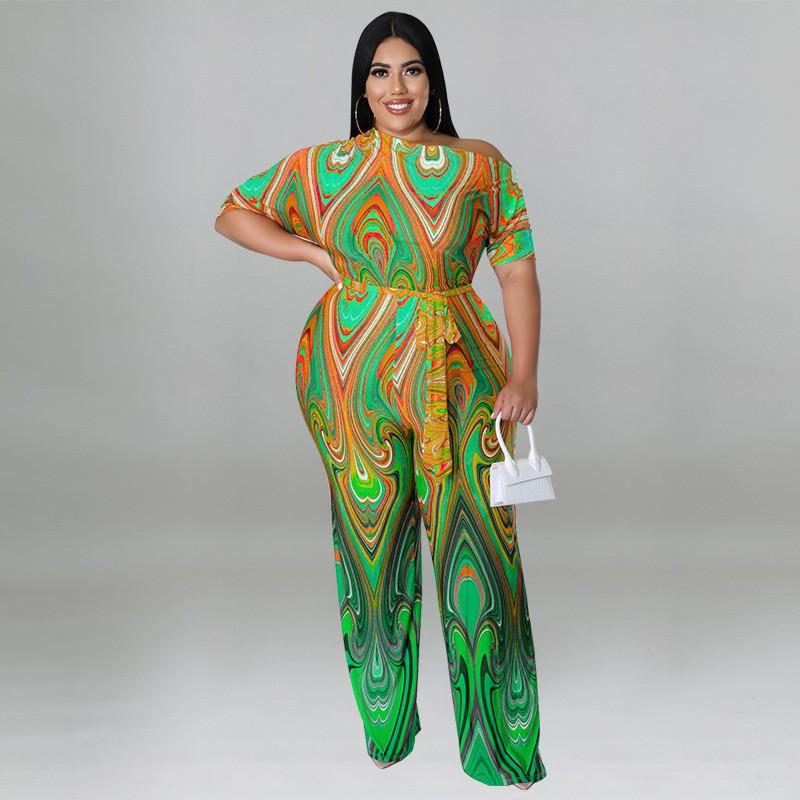 MY928 Plus Size Womens Off-Shoulder Ethnic Print Jumpsuit 2025 Lightweight Knit Romper With Moderate Stretch Straight Leg Pant