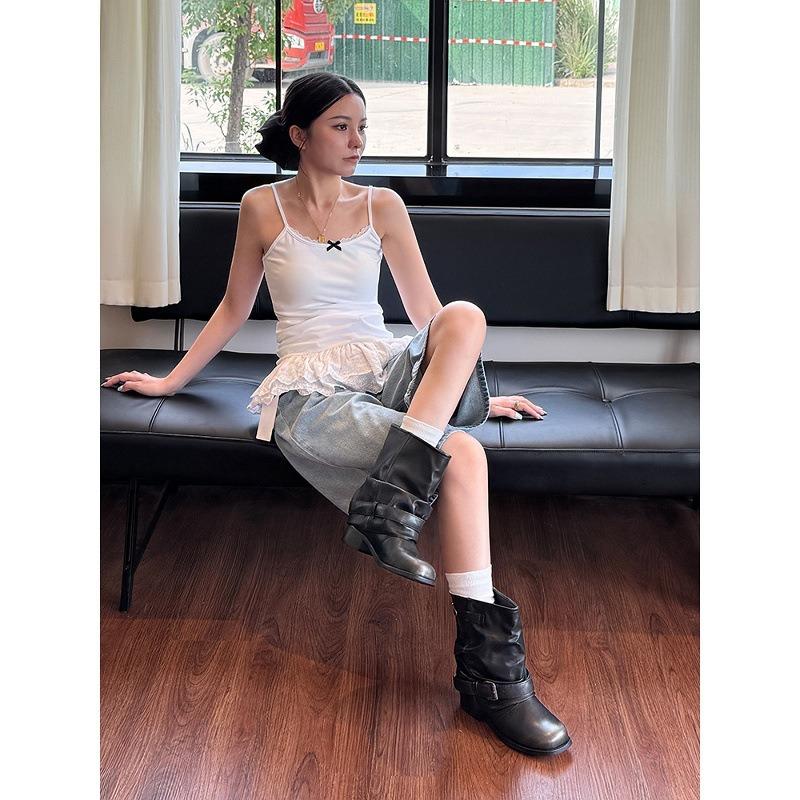 Cowhide Western Jeans Tube Boots Women's Pleated Pile Black Wipe Round Head Vintage Thick Heel Knight Martin Boots