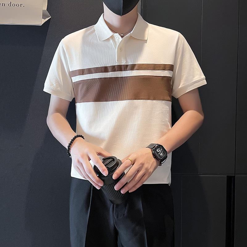 High-End Splicing Polo Shirt Men'S Handsome Slim-Fitting Clothes Trendy Light And Familiar Contrasting Color Lapel Short-Sleeved T-Shirt